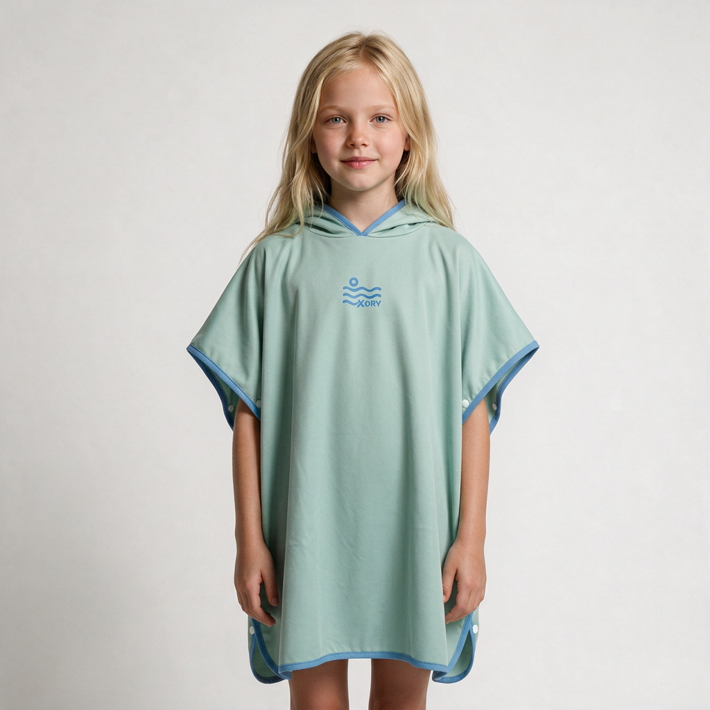 Mint and blue pocket-free poncho on blonde girl