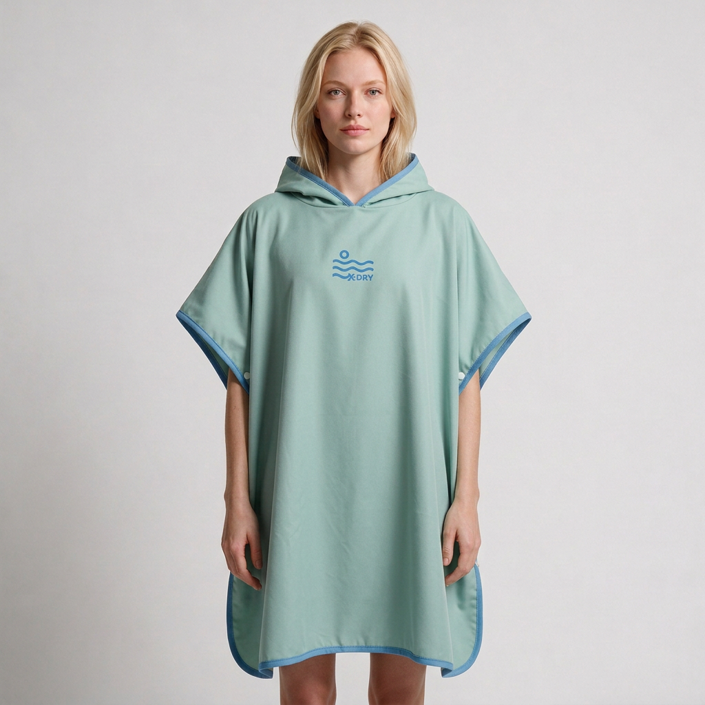 Mint and blue pocket-free poncho on blonde woman