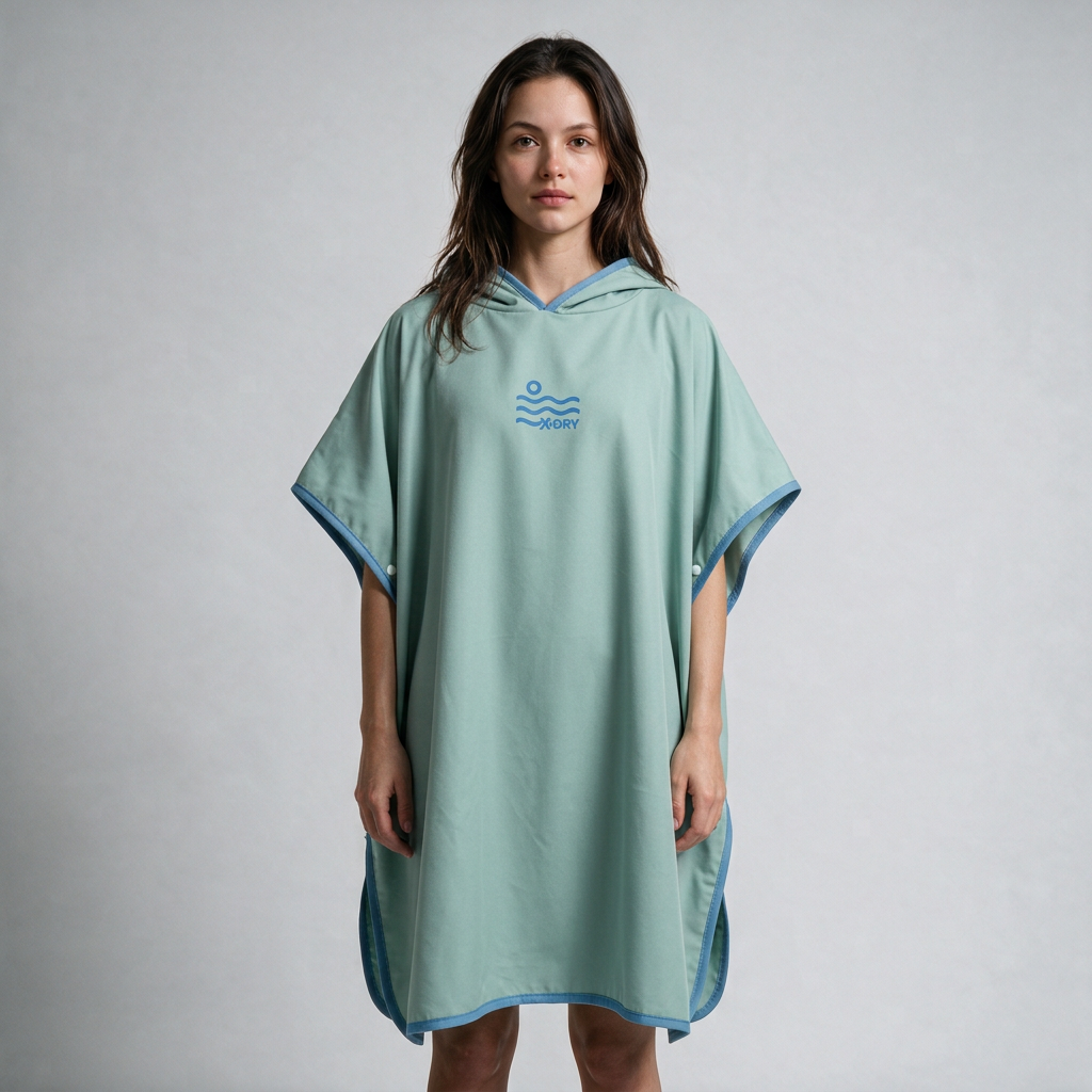 Mint and blue pocket-free poncho on dark-haired woman