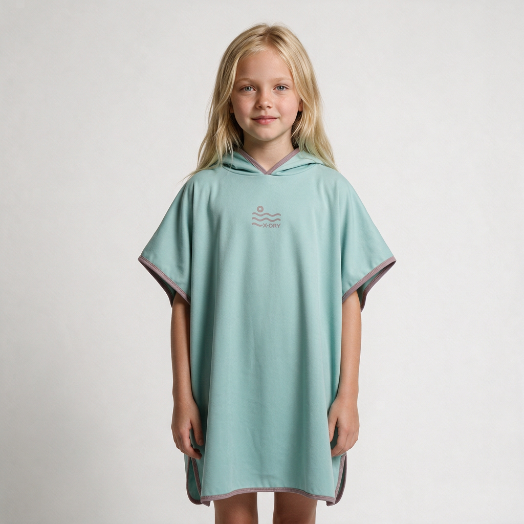Mint and dusty-rose pocket-free poncho on blonde girl
