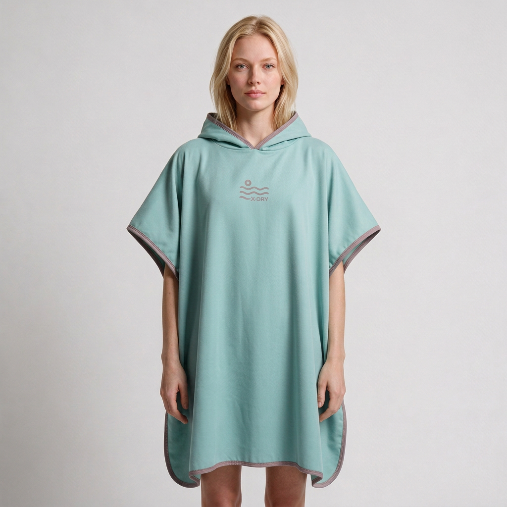 Mint and dusty-rose pocket-free poncho on blonde woman