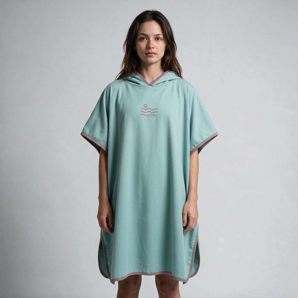 Mint and dusty-rose pocket-free poncho on dark-haired woman