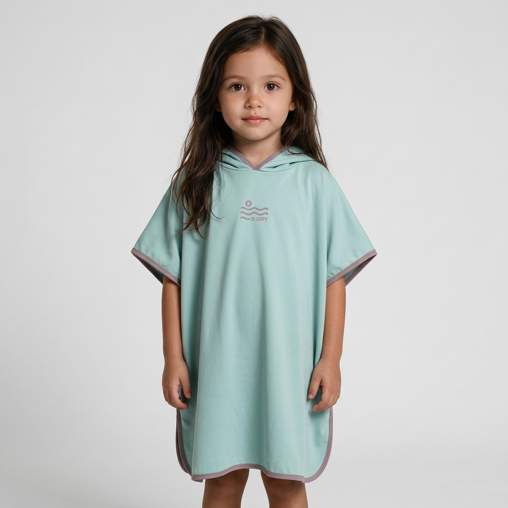 Mint and dusty-rose pocket-free poncho on little dark-haired girl