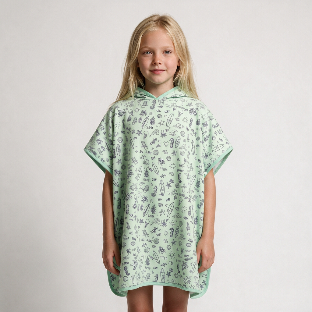 Mint beach-print poncho on blonde girl