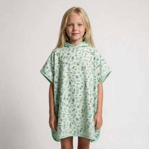 Mint beach-print poncho on blonde girl