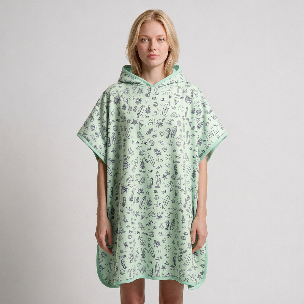 Mint beach-print poncho on blonde woman