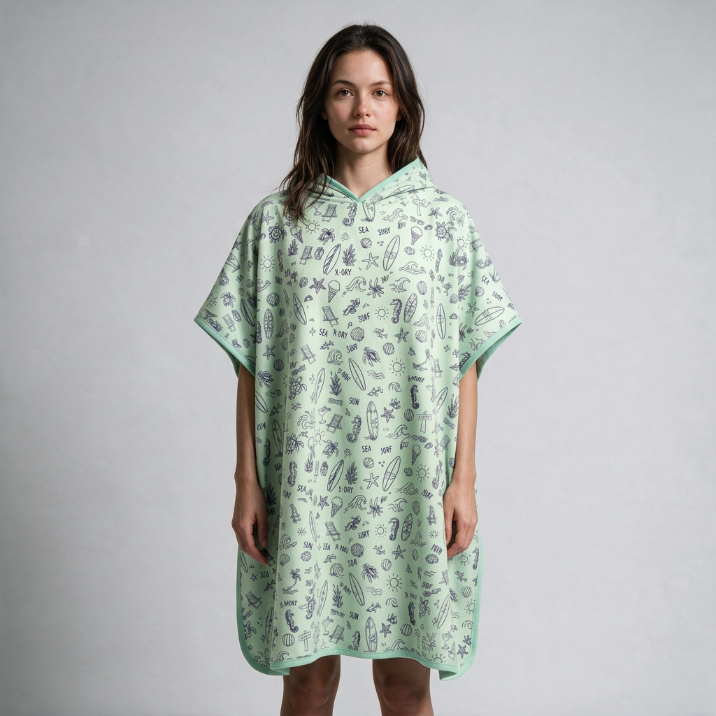 Mint beach-print poncho on dark-haired woman