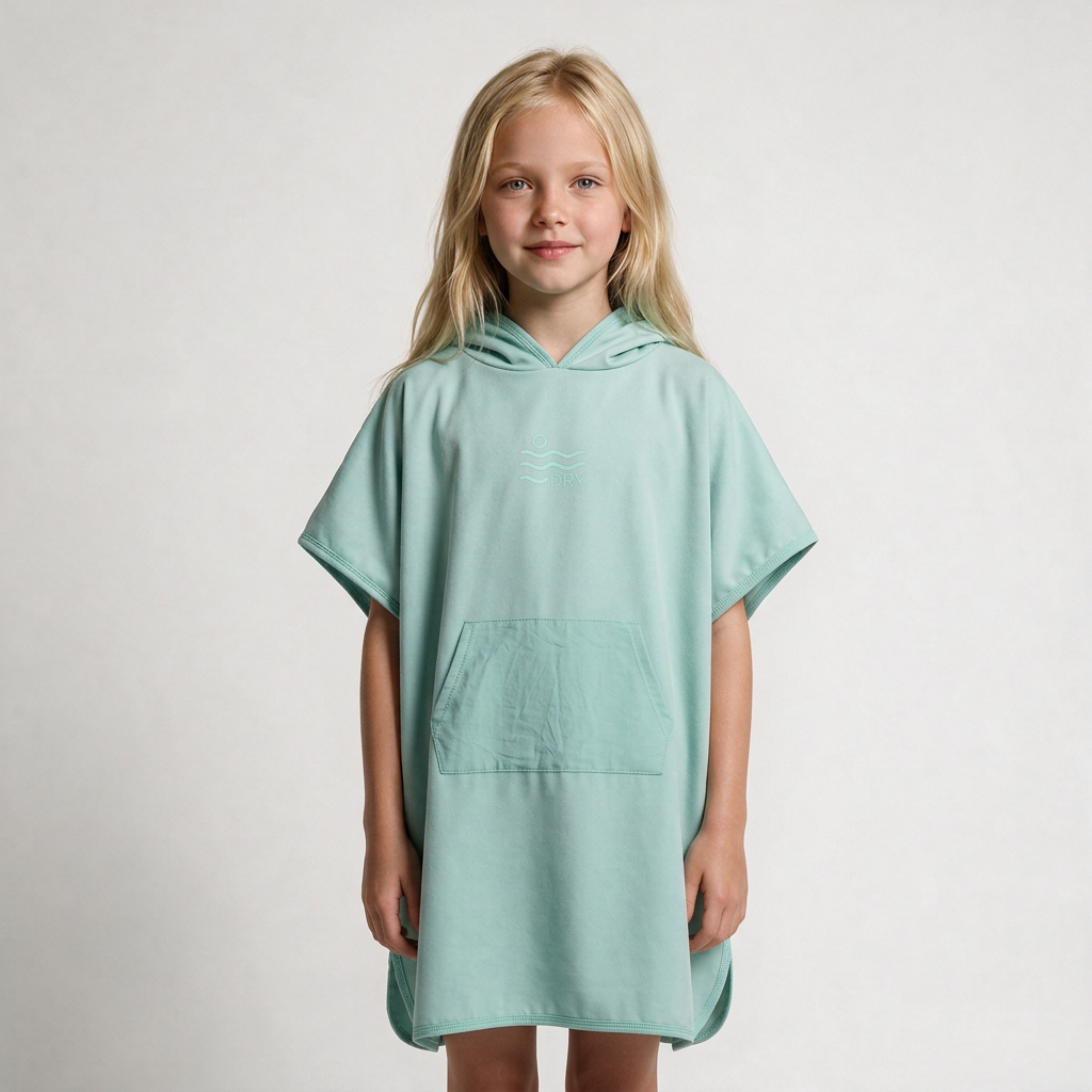 Mint poncho with pocket and edging corrections, blonde girl