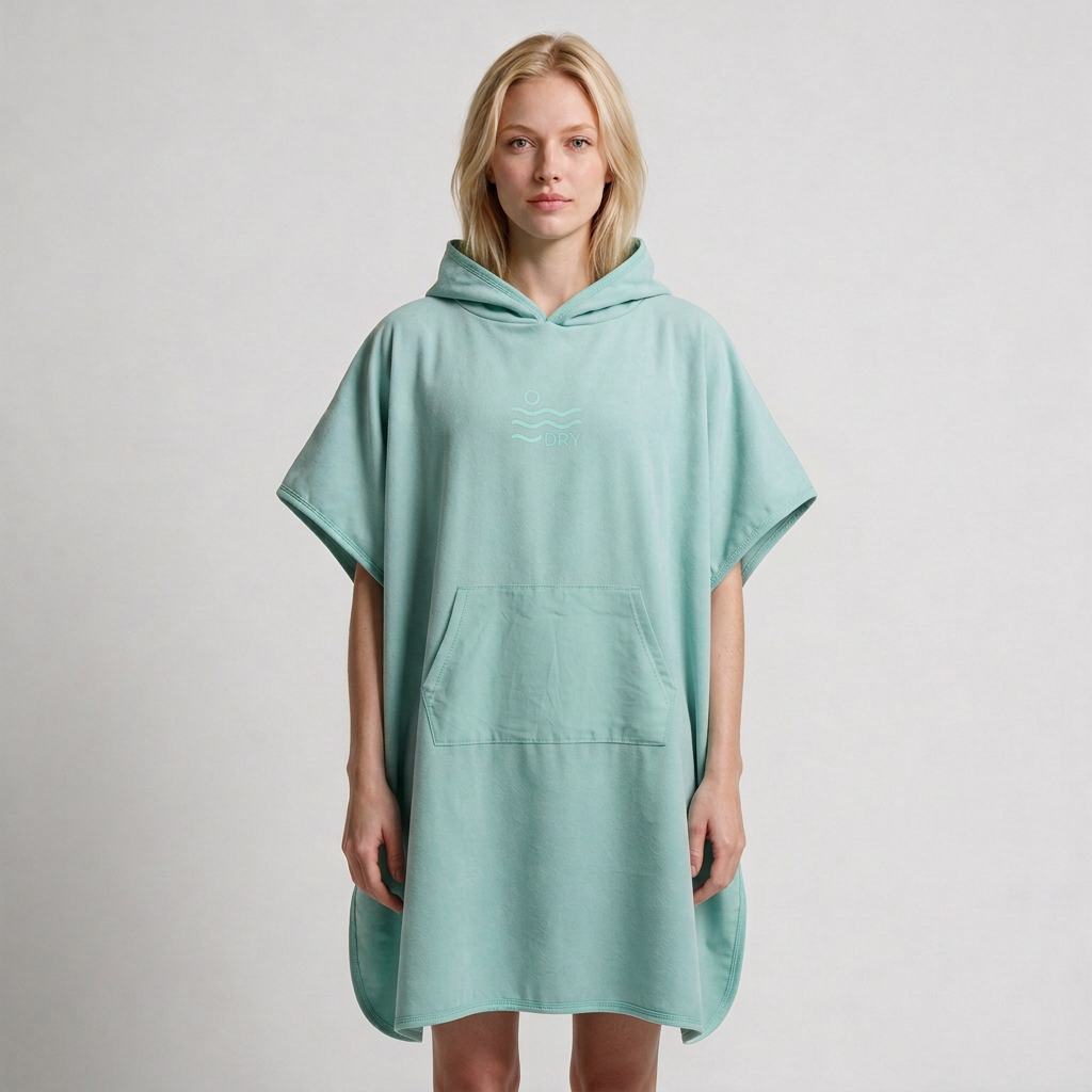 Mint poncho with pocket and edging corrections, blonde woman
