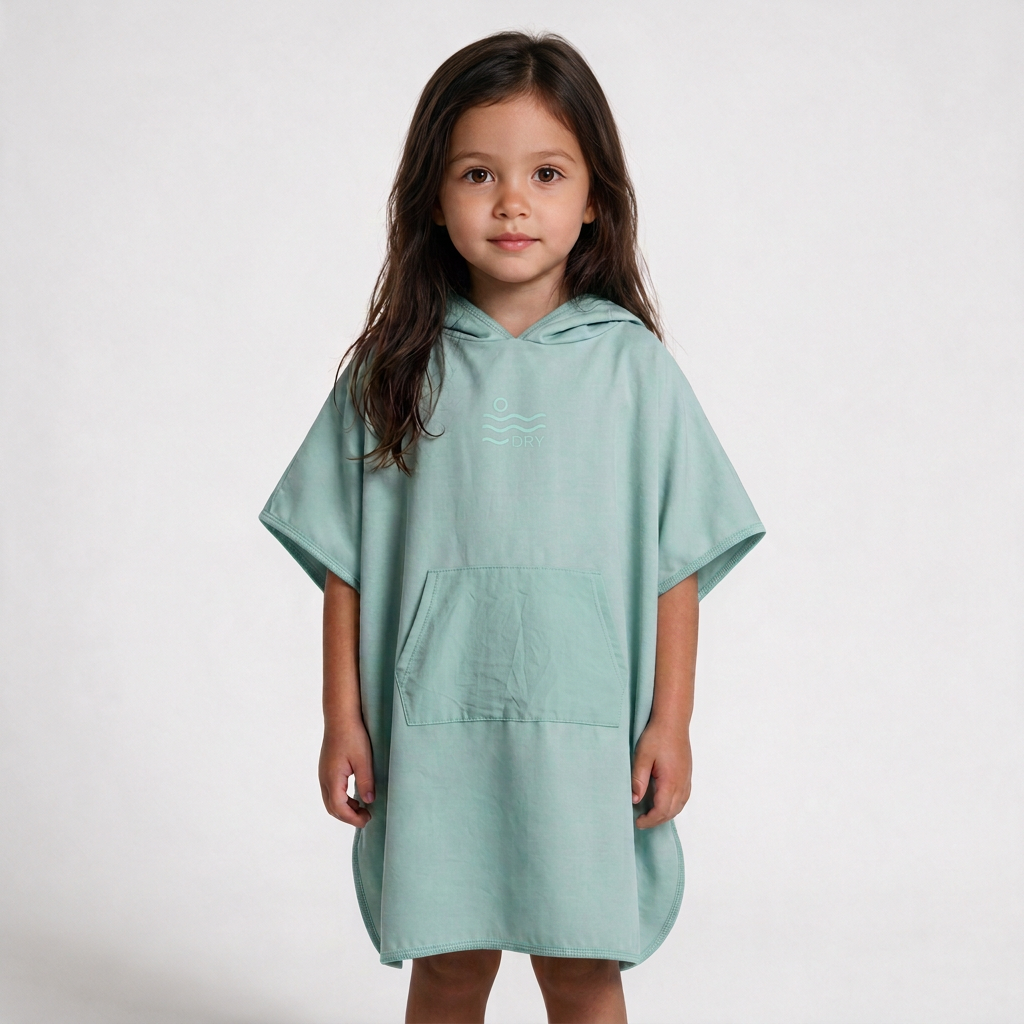 Mint poncho with pocket and edging corrections, dark-haired girl