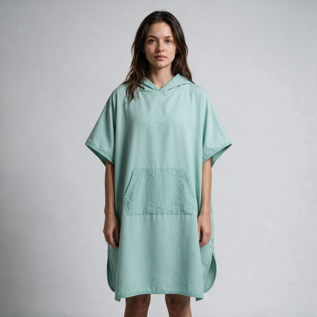 Mint poncho with pocket and edging corrections, dark-haired woman