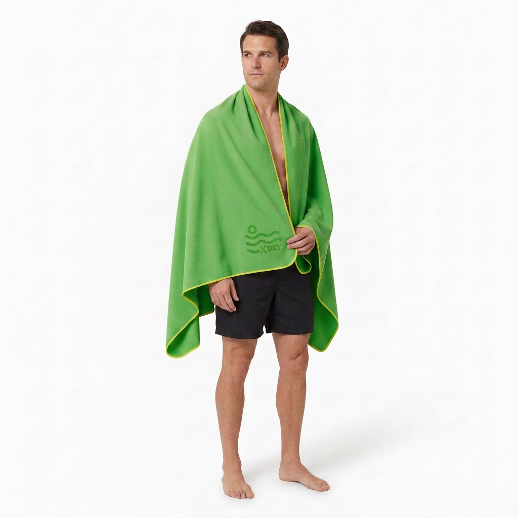 Model wearing grass-green towel
