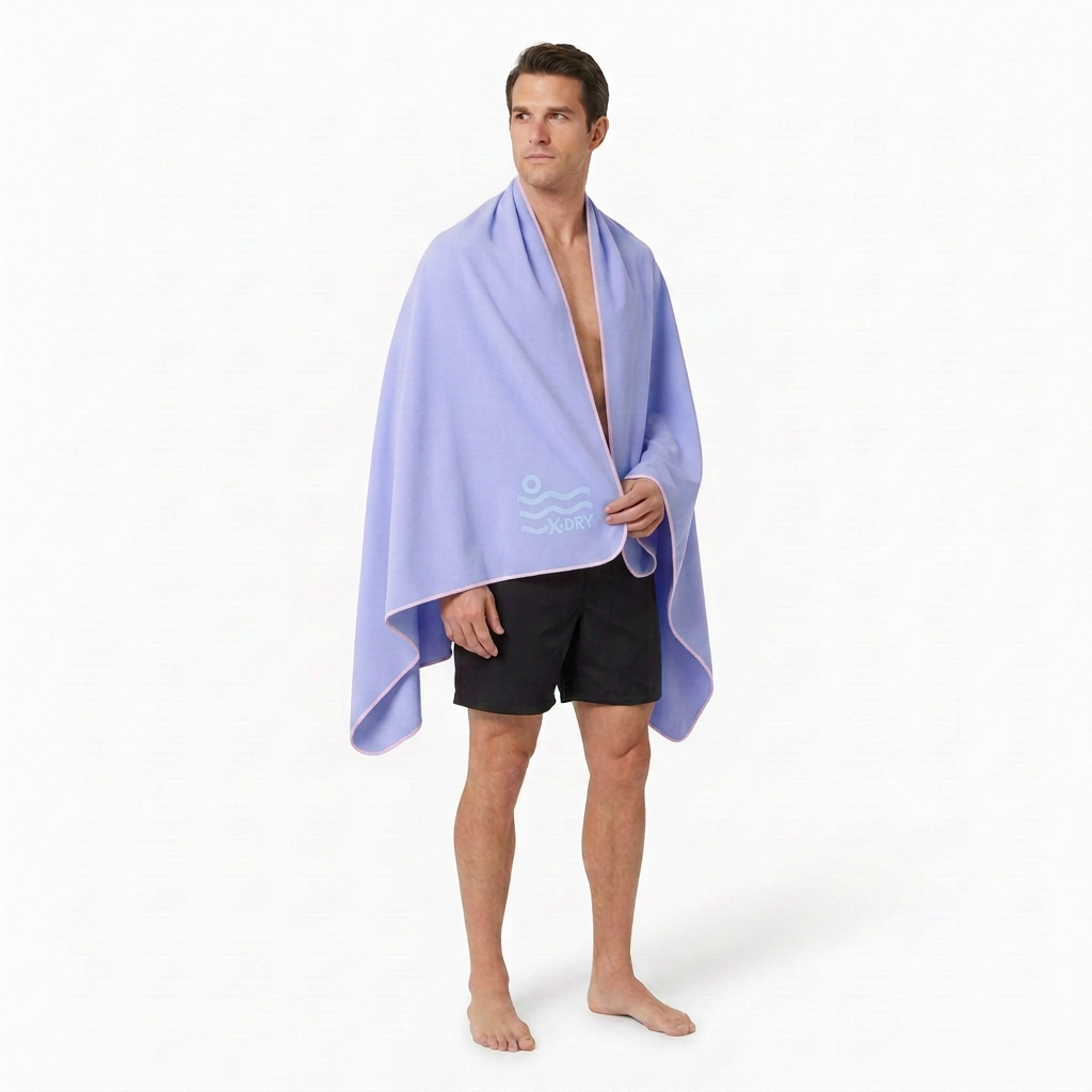 Model wearing lavender-blue towel with light-pink stitching