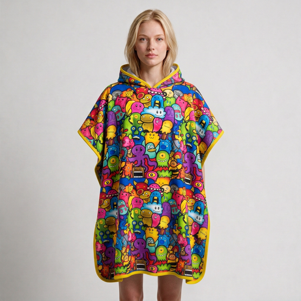 Monster-print poncho on blonde woman