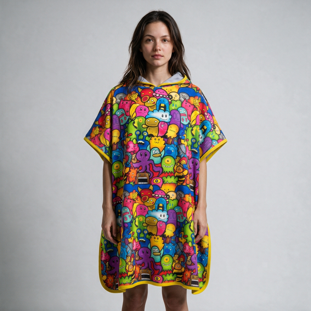 Monster-print poncho on dark-haired woman