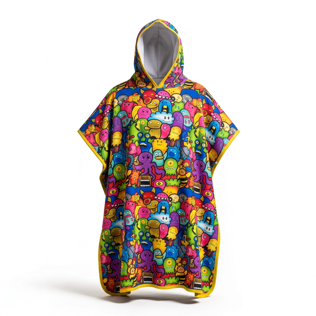 Monster-print poncho with reference-guided 3D shape