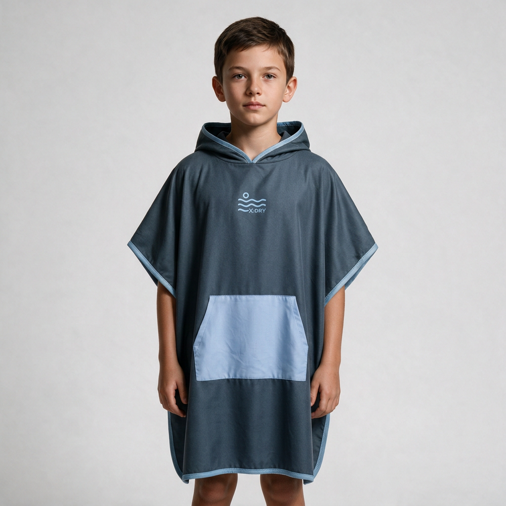 Navy poncho with real-photo stitch reference, boy