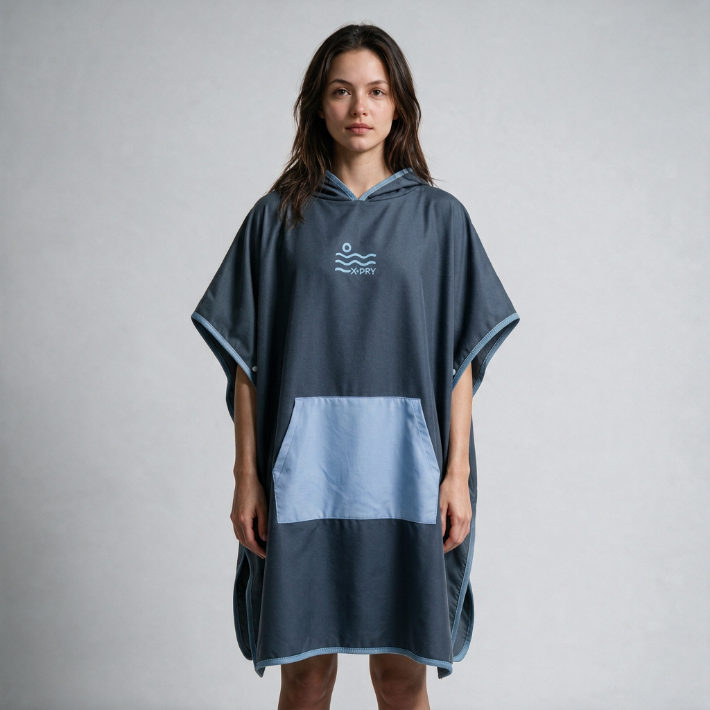 Navy poncho with real-photo stitch reference, dark-haired woman