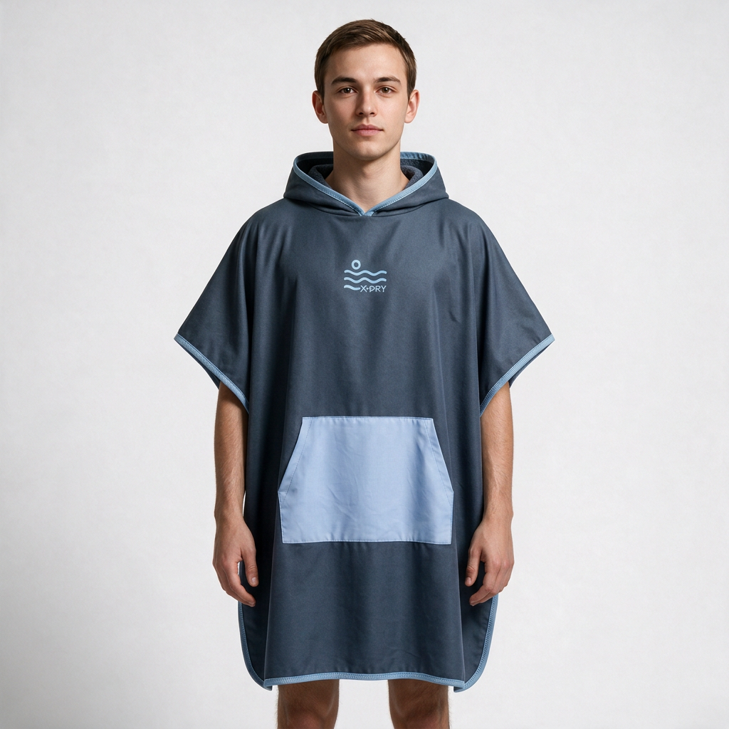 Navy poncho with real-photo stitch reference, man