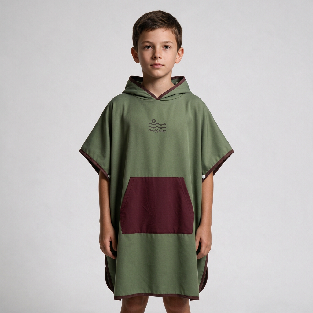 Olive and burgundy poncho on boy