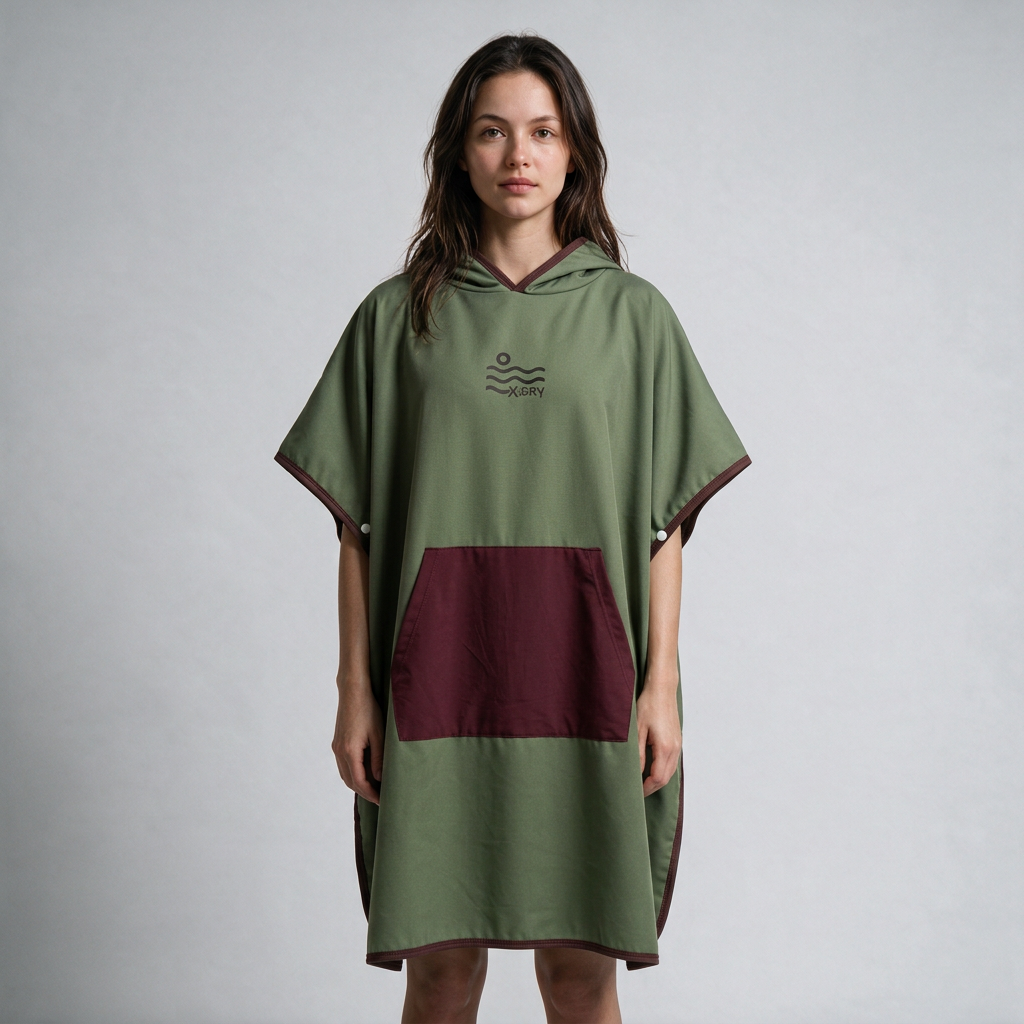 Olive and burgundy poncho on dark-haired woman