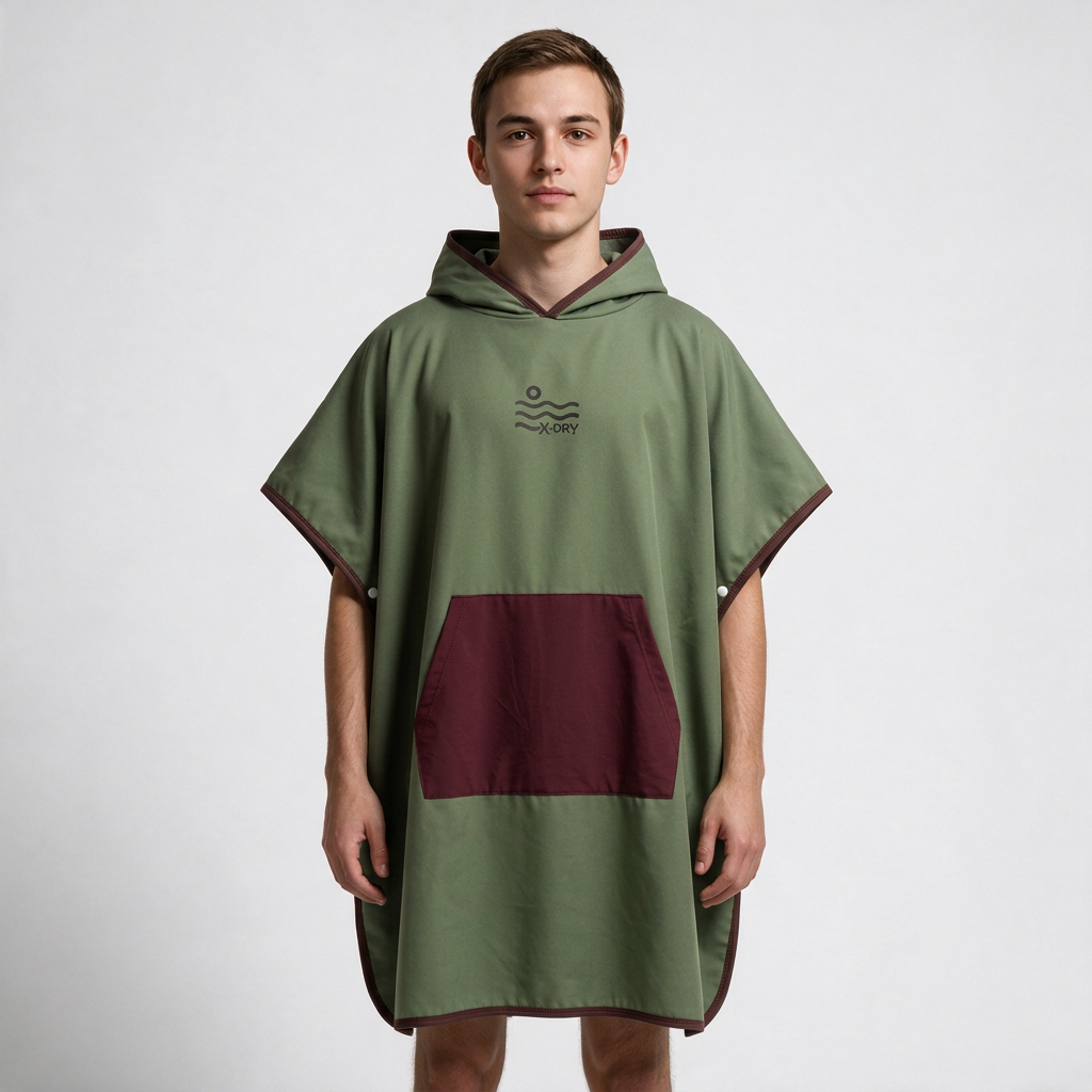 Olive and burgundy poncho on man