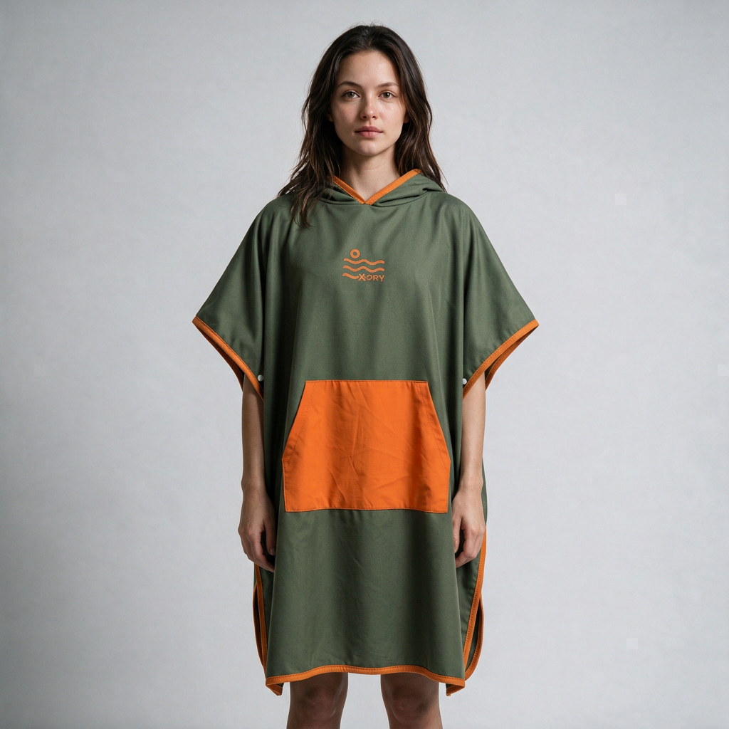 Olive and orange poncho on dark-haired woman