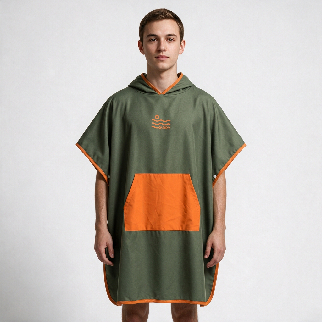 Olive and orange poncho on man