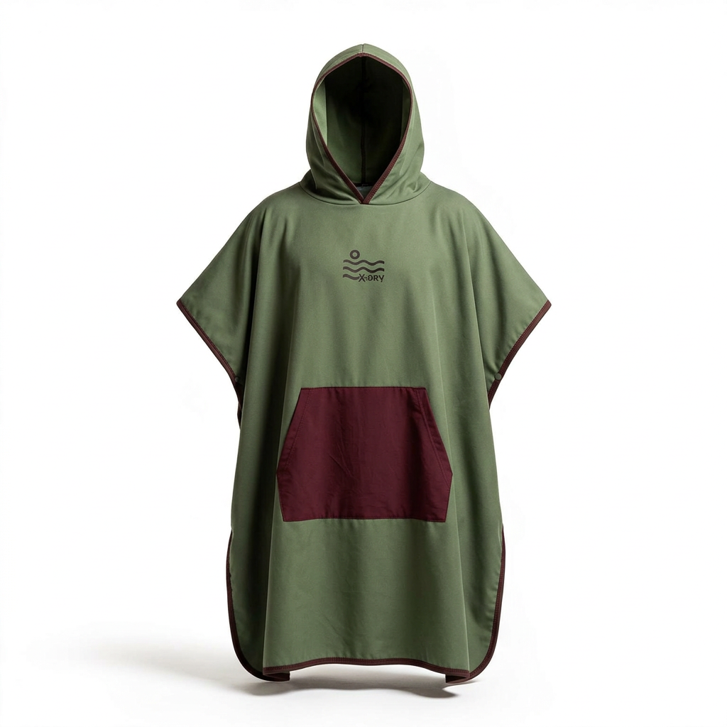 Olive poncho with burgundy pocket in reference-guided 3D form