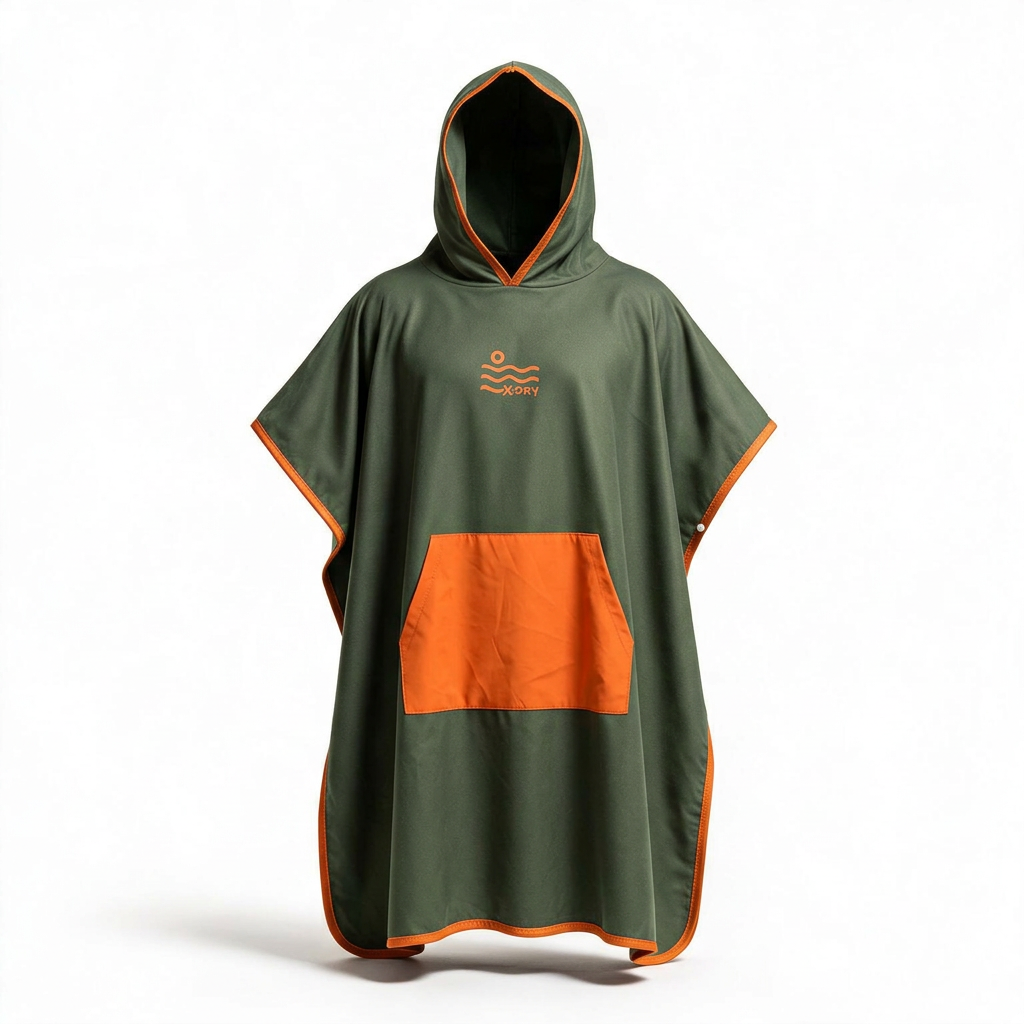 Olive poncho with orange pocket and thread edging