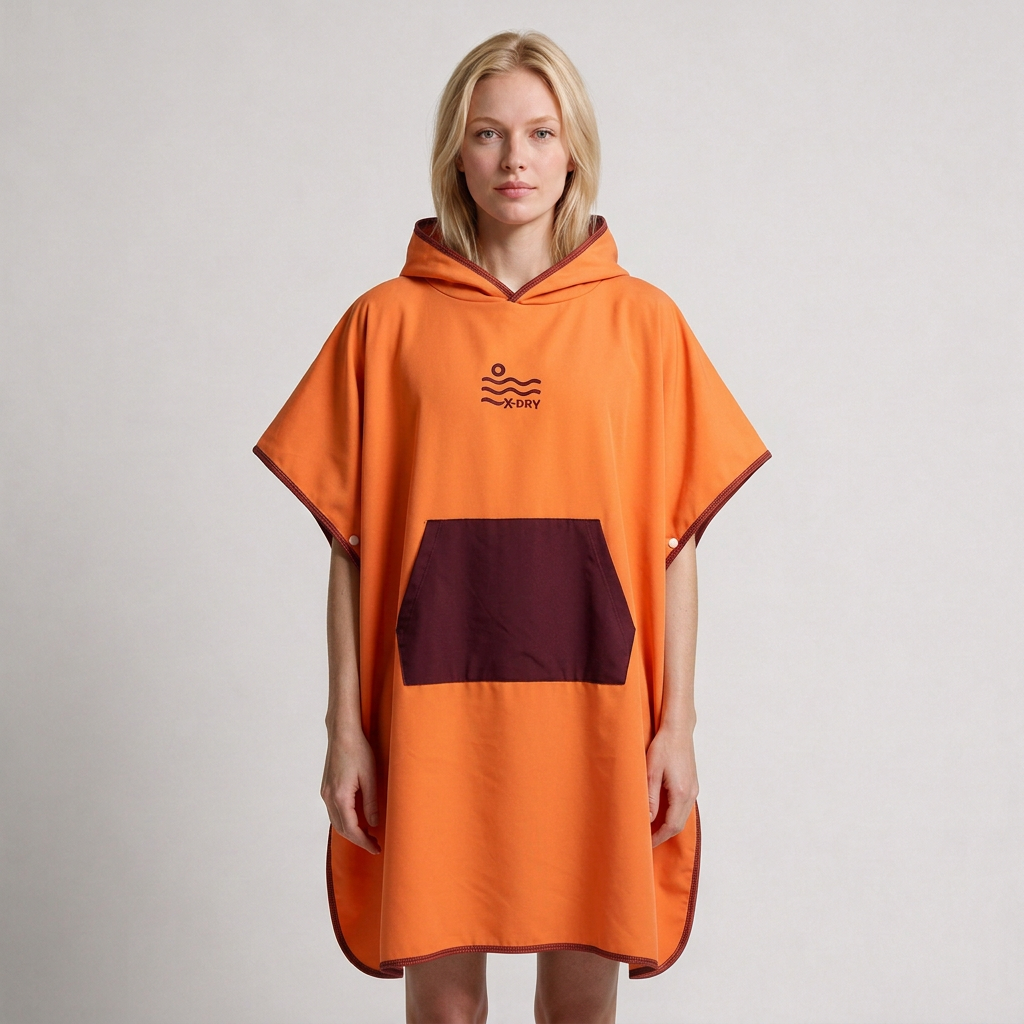 Orange and burgundy poncho on blonde woman