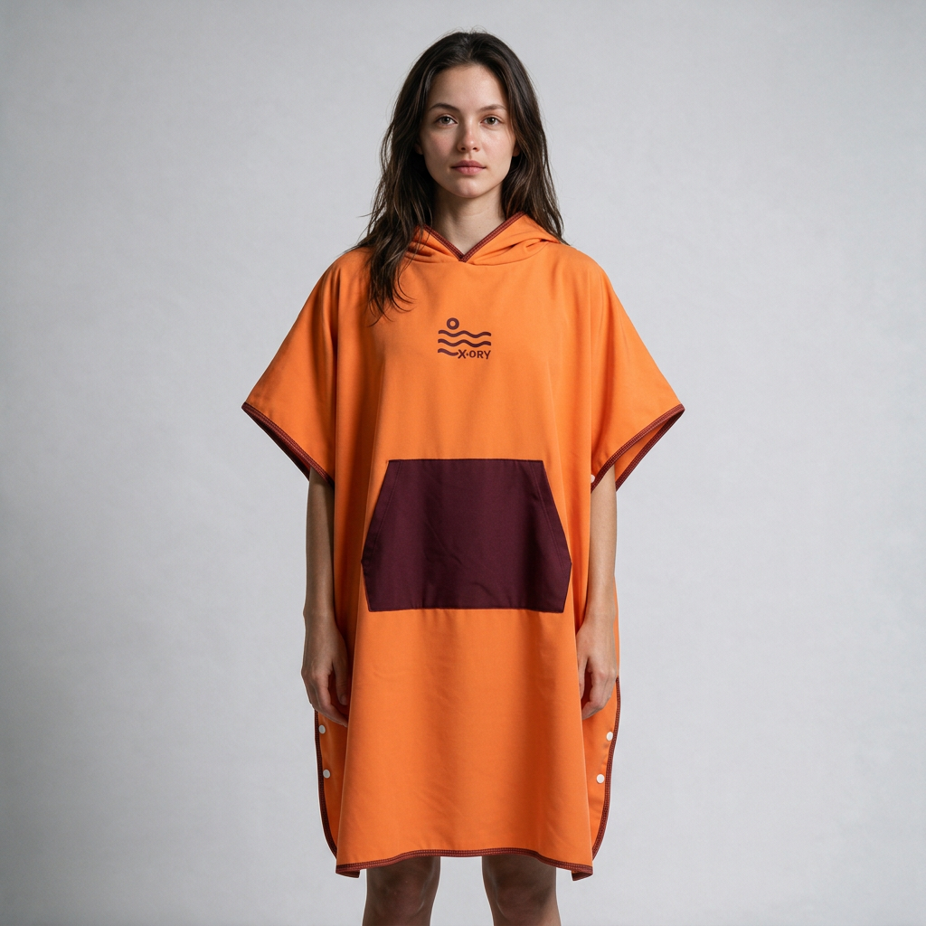 Orange and burgundy poncho on dark-haired woman