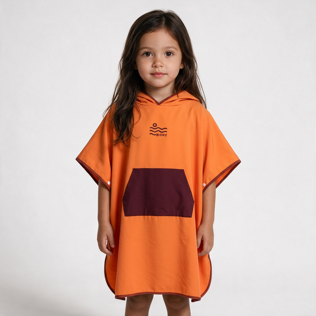 Orange and burgundy poncho on little dark-haired girl
