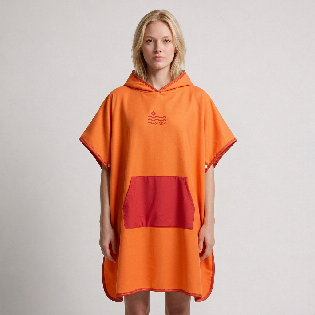 Orange and red poncho on blonde woman