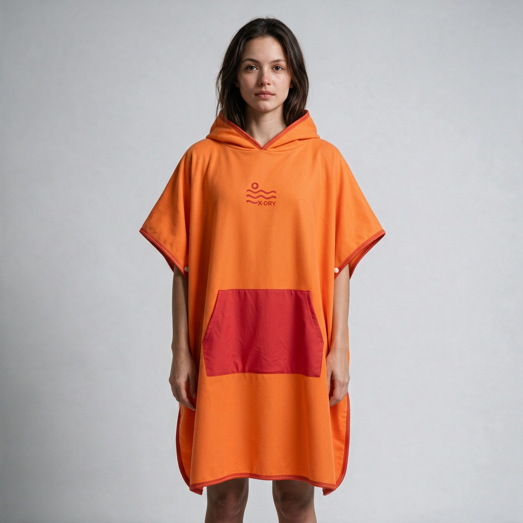 Orange and red poncho on dark-haired woman