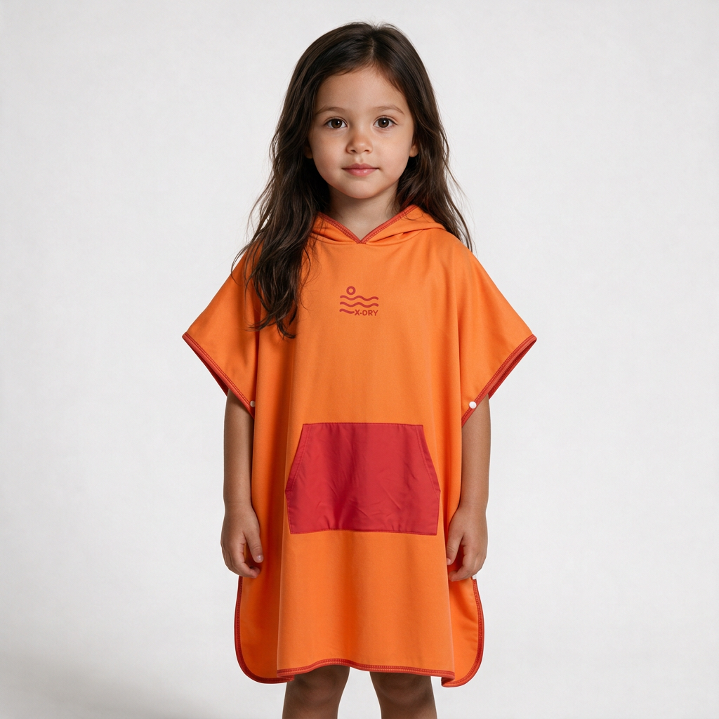 Orange and red poncho on little dark-haired girl