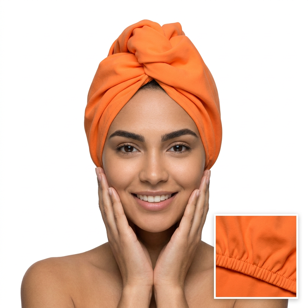 Orange hair towel on a smiling model, without any text