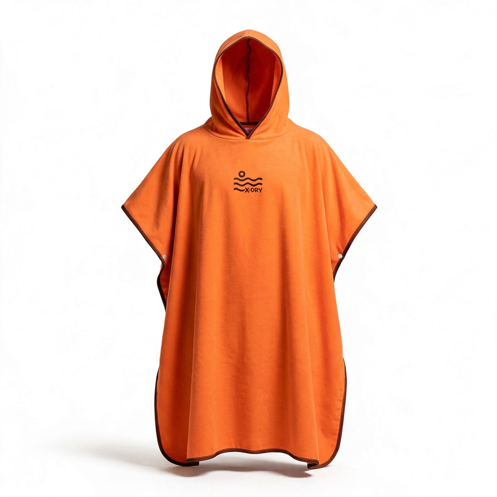 Orange poncho with black logo and thread edging