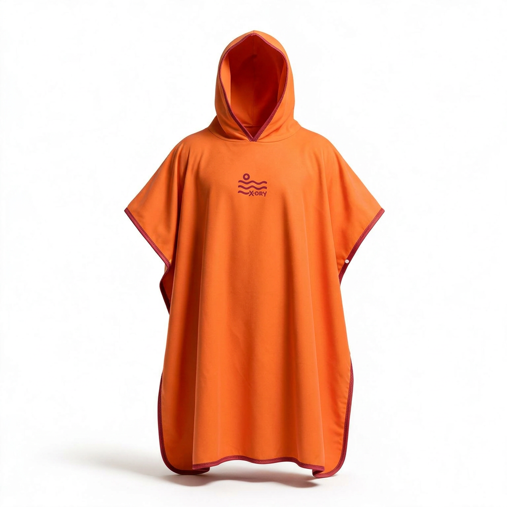 Orange poncho with burgundy logo and thread edging