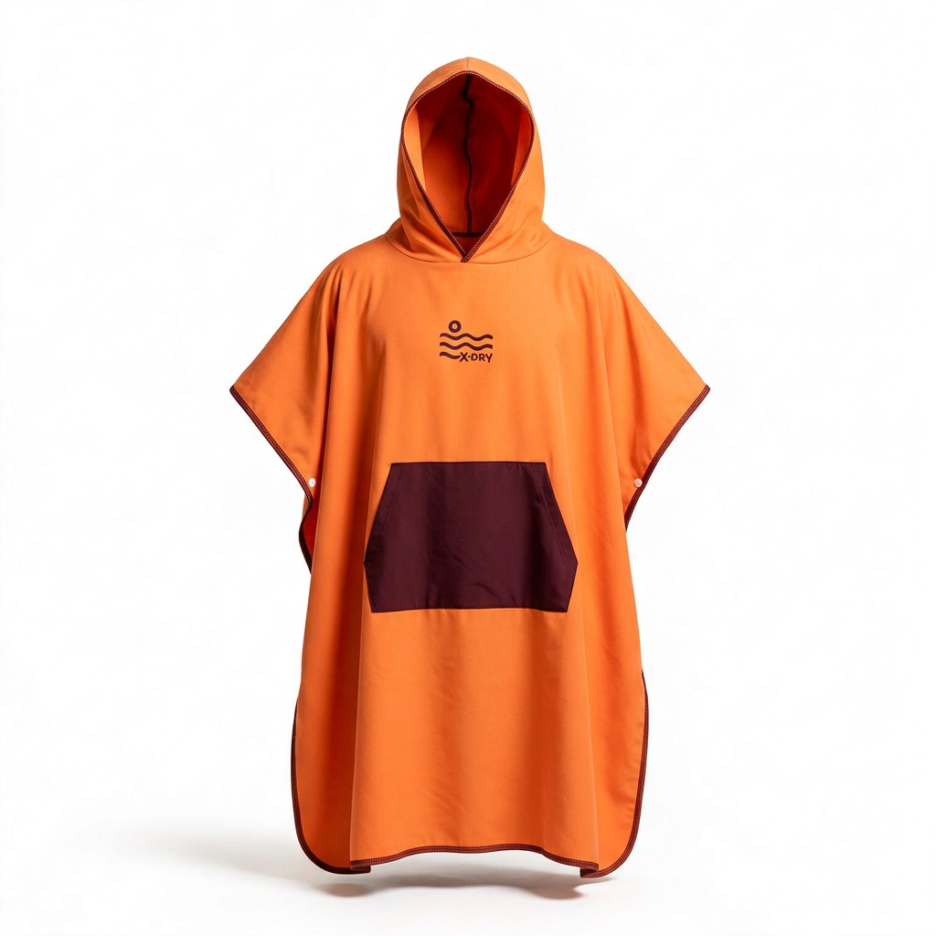 Orange poncho with burgundy pocket in reference-guided 3D form