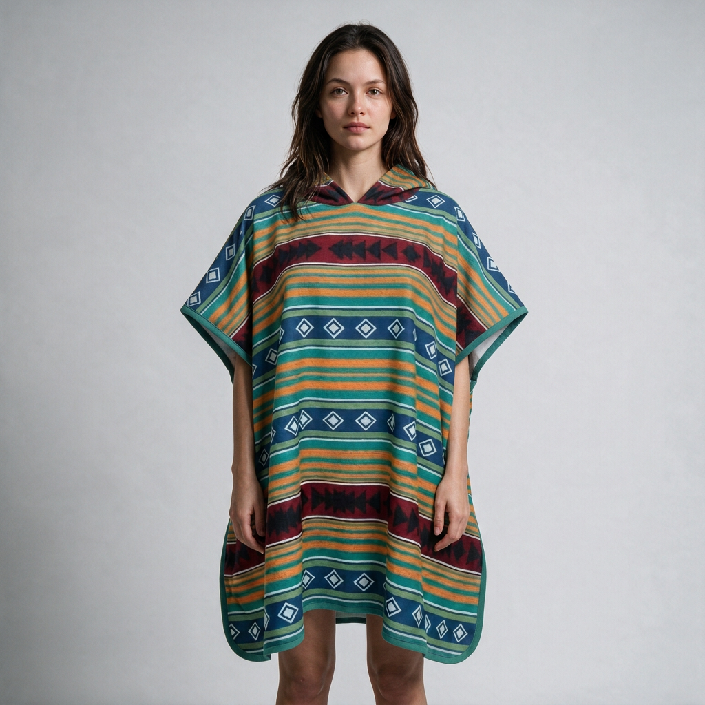 Patterned poncho on dark-haired woman