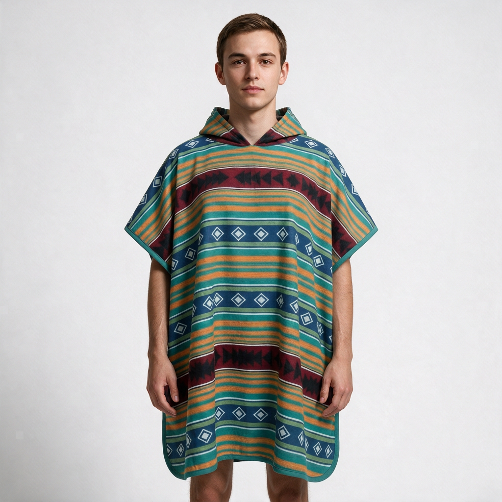 Patterned poncho on man