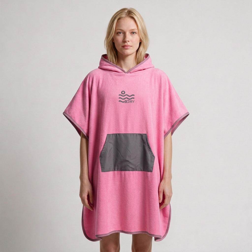 Pink poncho on blonde woman