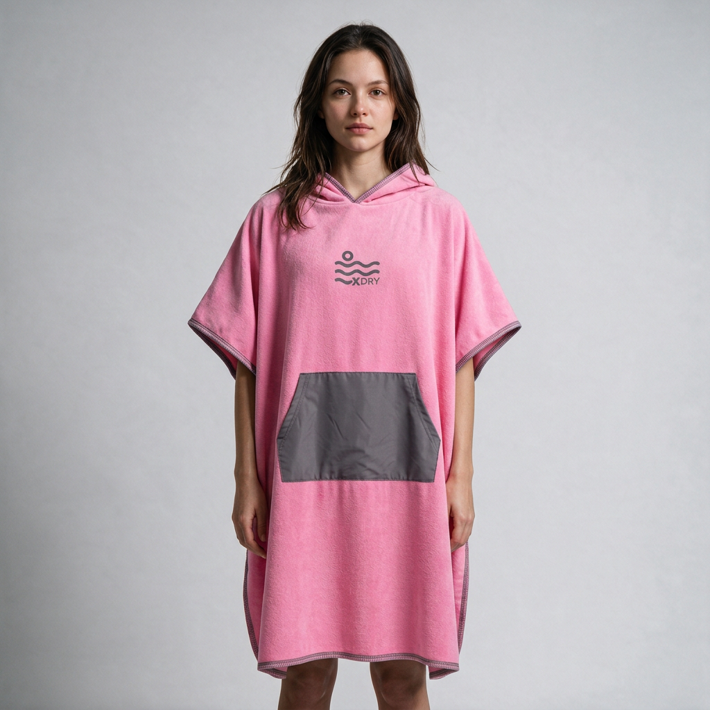 Pink poncho on dark-haired woman