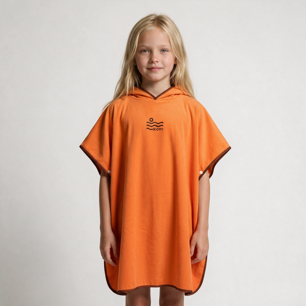 Pocket-free orange and black poncho on blonde girl