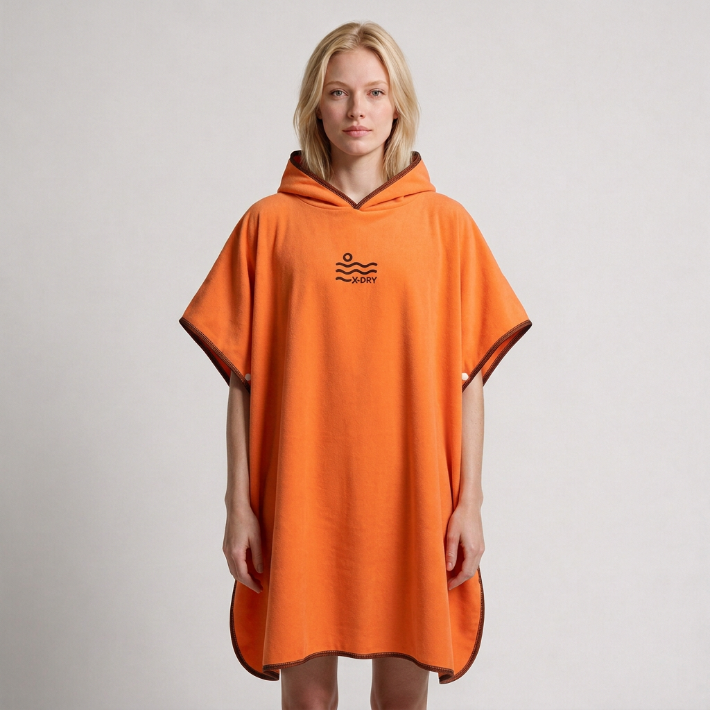 Pocket-free orange and black poncho on blonde woman
