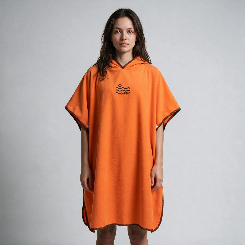 Pocket-free orange and black poncho on dark-haired woman