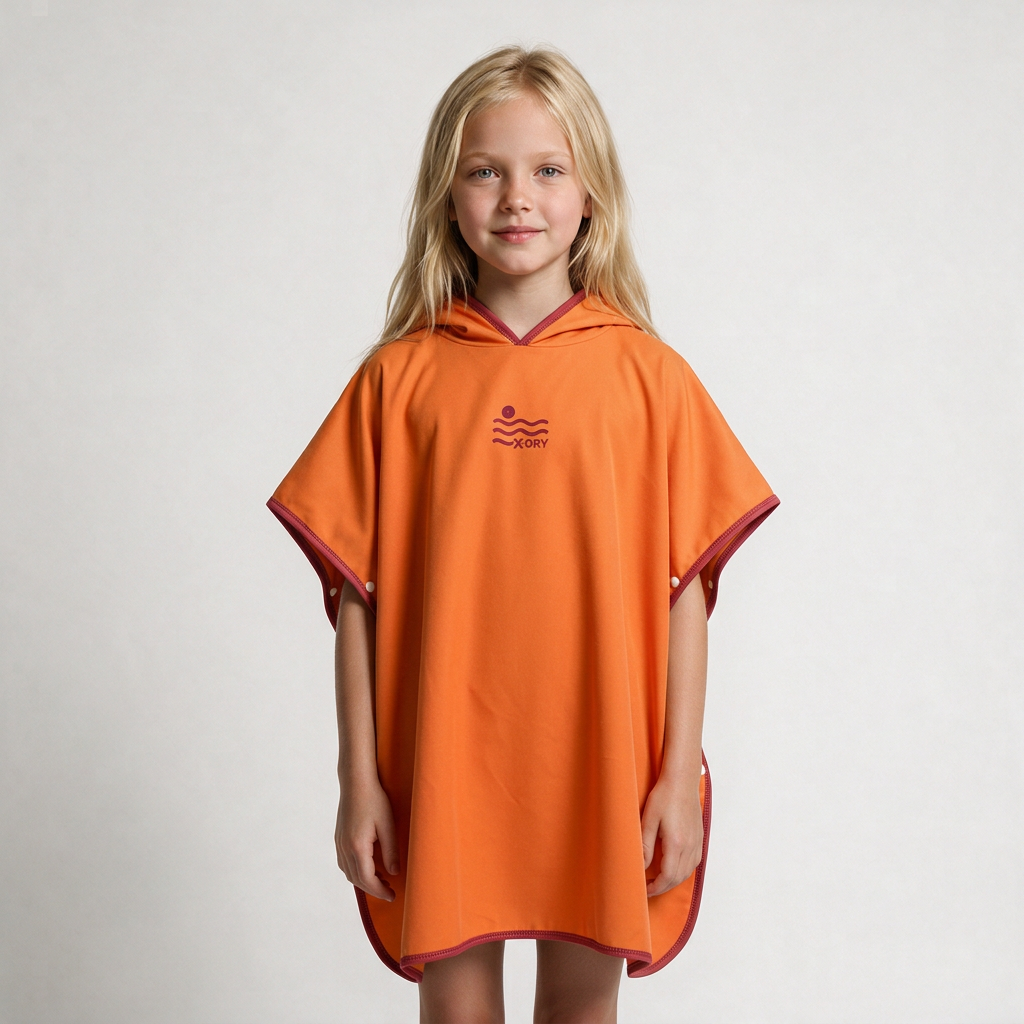 Pocket-free orange and burgundy poncho on blonde girl