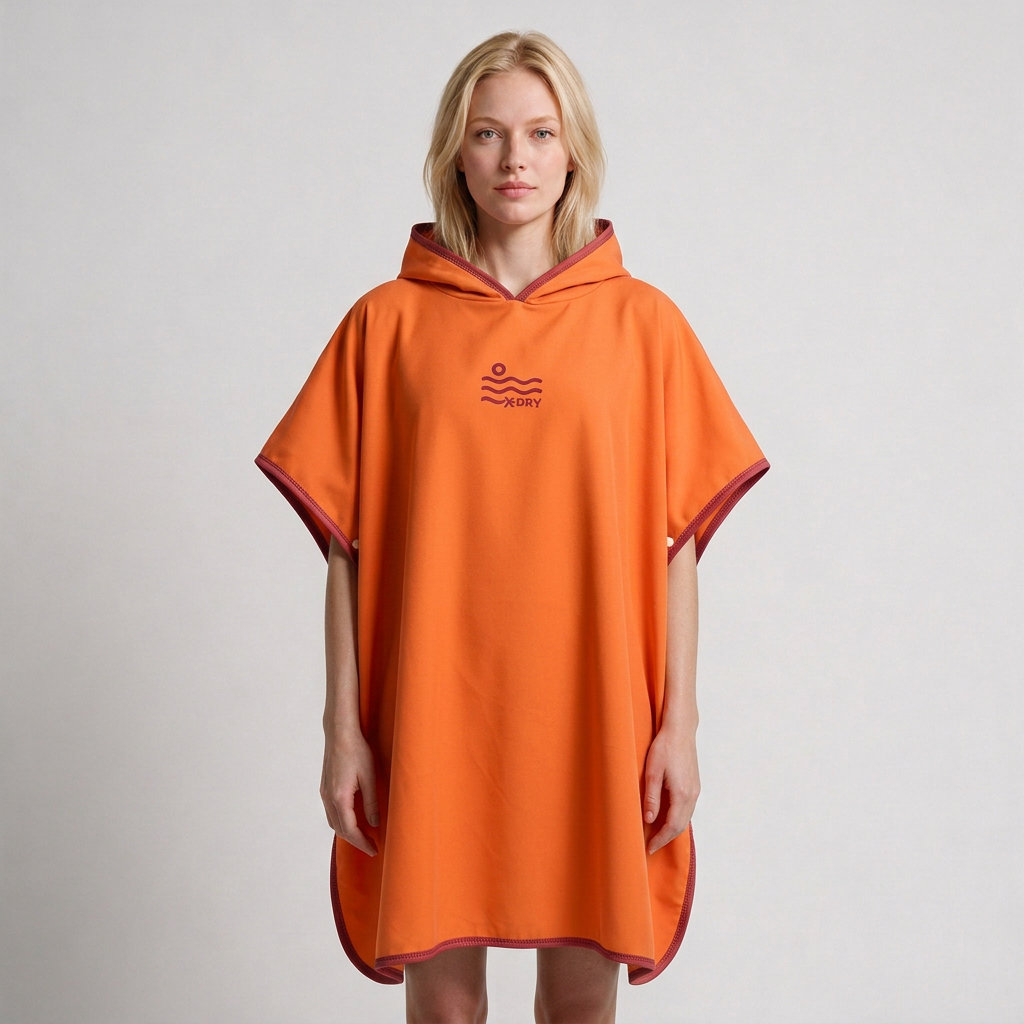 Pocket-free orange and burgundy poncho on blonde woman