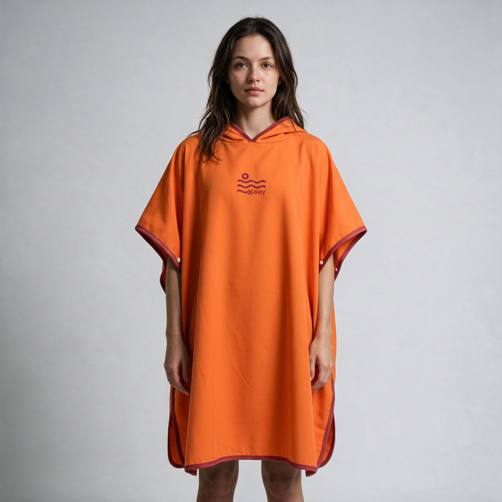 Pocket-free orange and burgundy poncho on dark-haired woman
